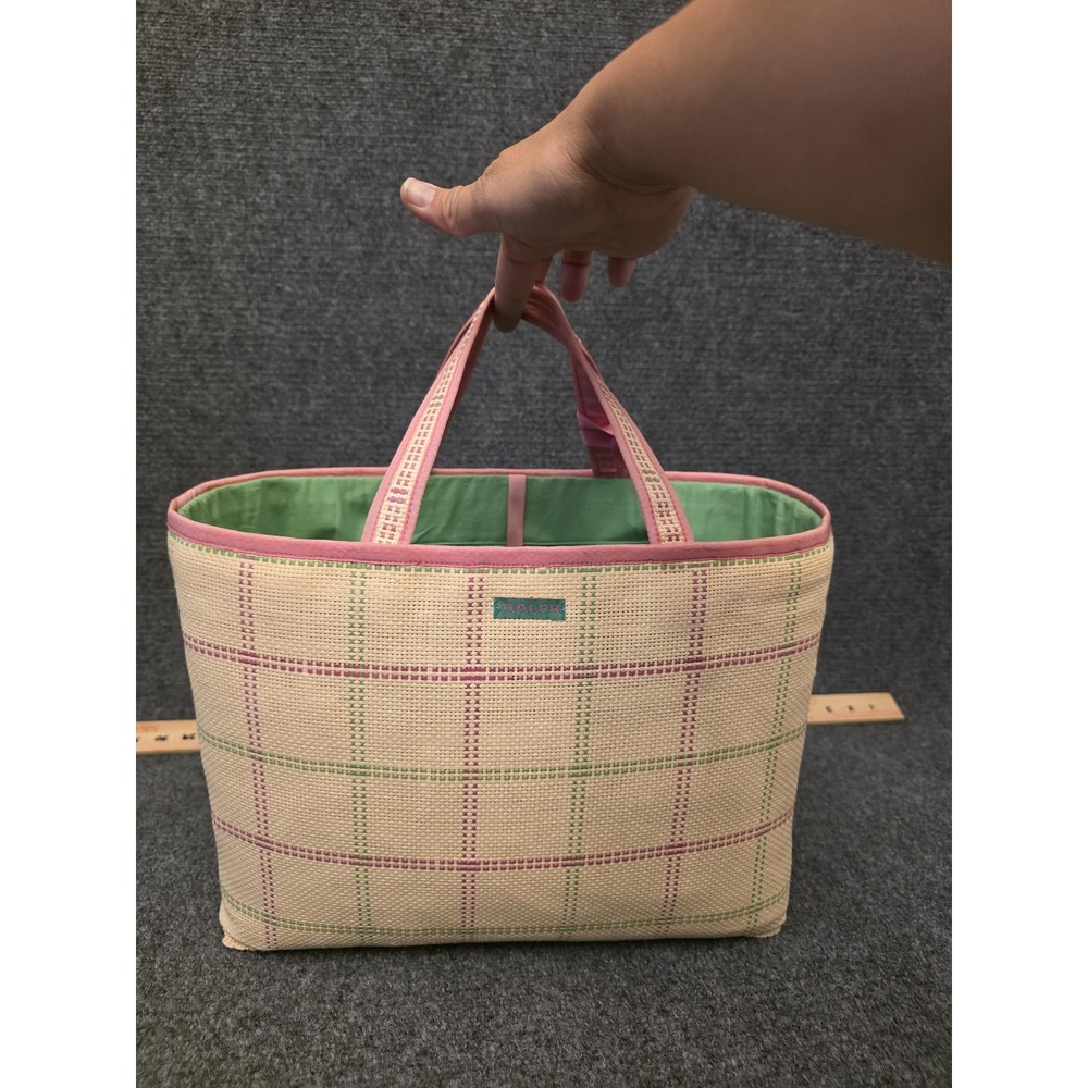 Ralph Tote Bag Womens Medium Beige Straw Plaid Green‎ Lining Pouch Pink Beach